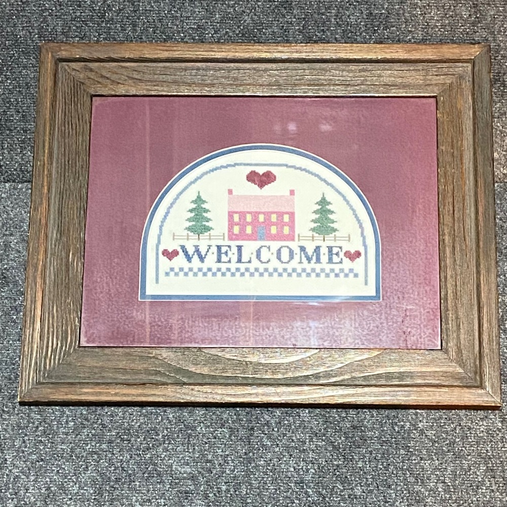 Vintage Framed Welcome Cross Stitch Pink House Trees Wood Frame 20X16 Cottage